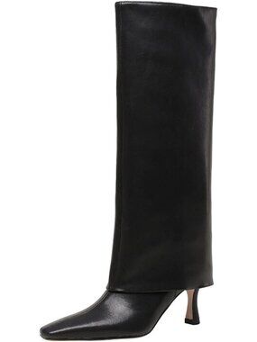 Women's Black Stiletto Heel Knee High Boots Square Toe Slip On Fold Over Boots